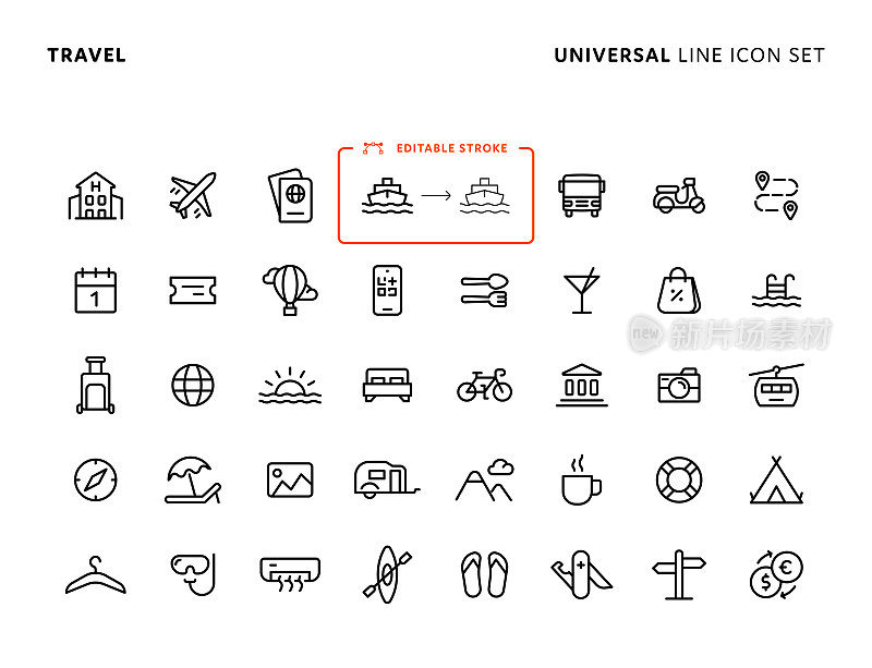 旅行概念通用线图标集与可编辑的描边。图标适用于网页,移动应用程序,UI, UX和GUI设计。